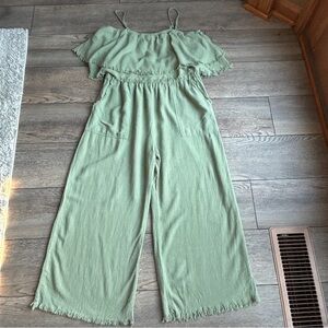 Umgee Linen Blend Boho Jumpsuit Pantsuit Raw Hem Green Sz Large